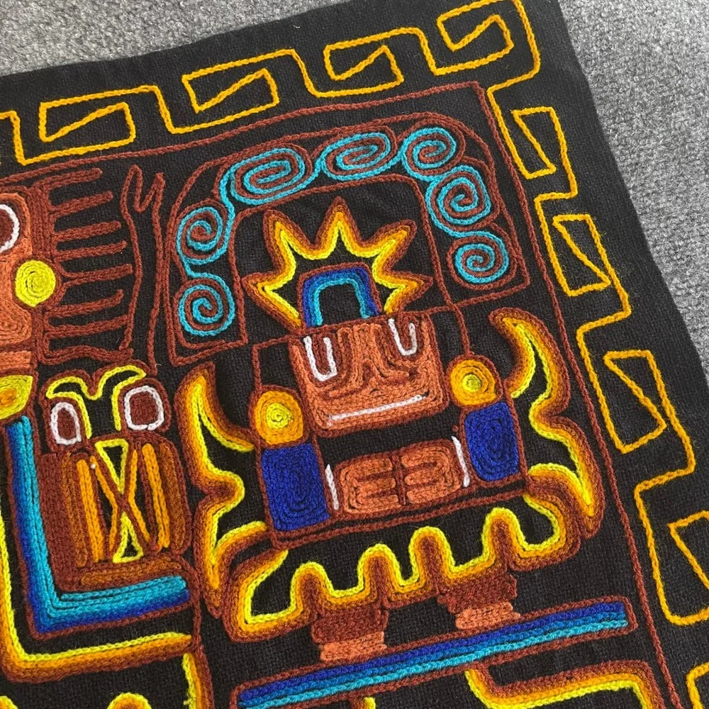 Vintage Peruvian Hand Embroidered Textile Wall Hanging Andean Folk Art Black